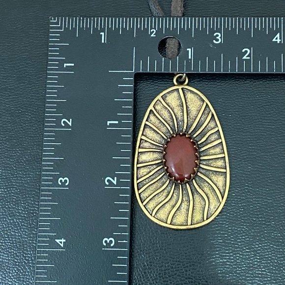 LUCKY BRAND Red Carnelian Brass-tone Large Pendant Leather Cord 26” Necklace - Picture 10 of 14